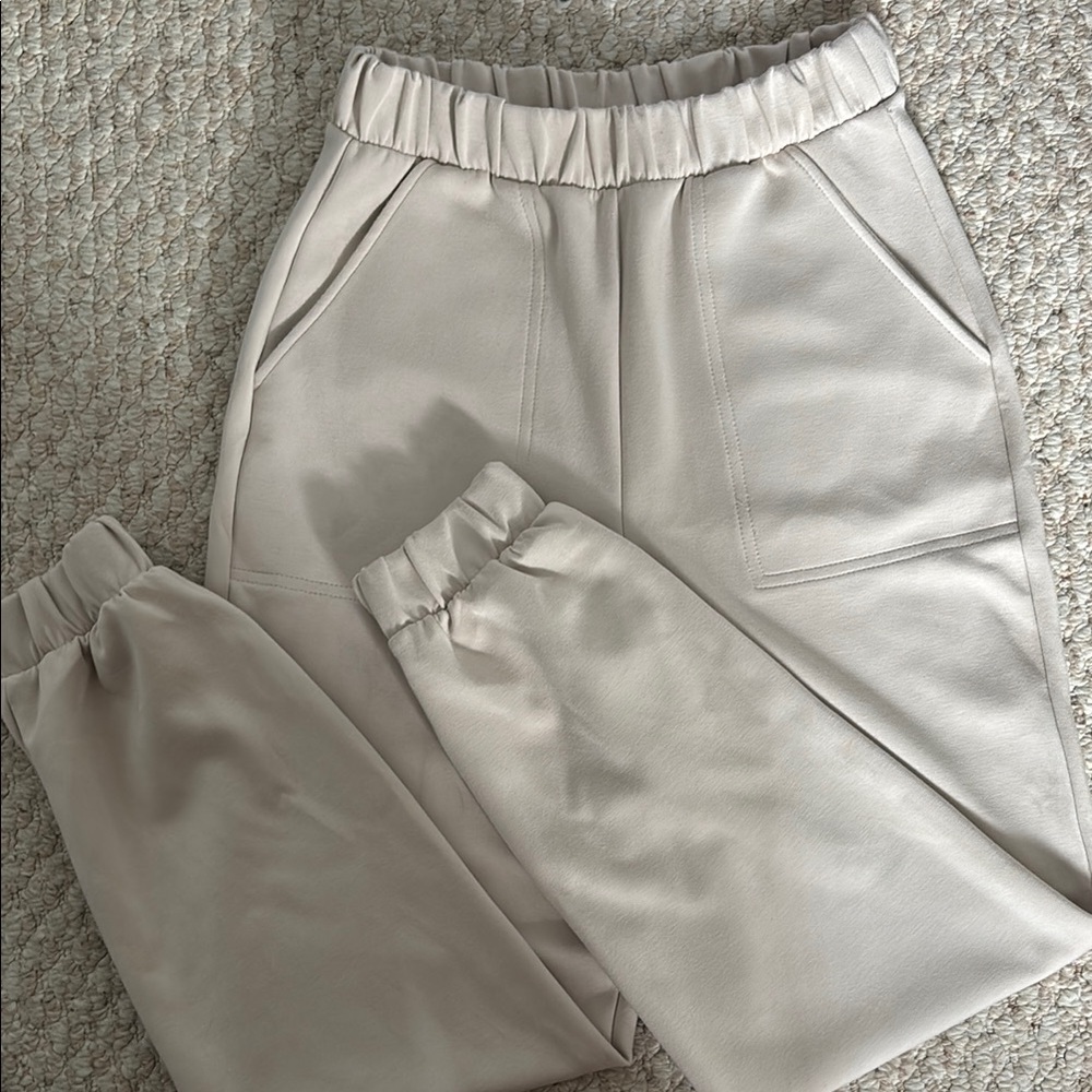 Chic Beige Elastic Waist Trousers